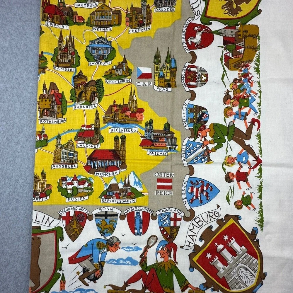 Vtg 50s Germany Souvenir Map Tea Towel Illustrated Cities Coats of Arms‎ 62